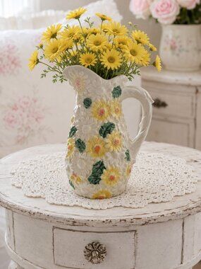 Vintage Raised Daisy Ceramic Pitcher Vase 7” Cottagecore Décor